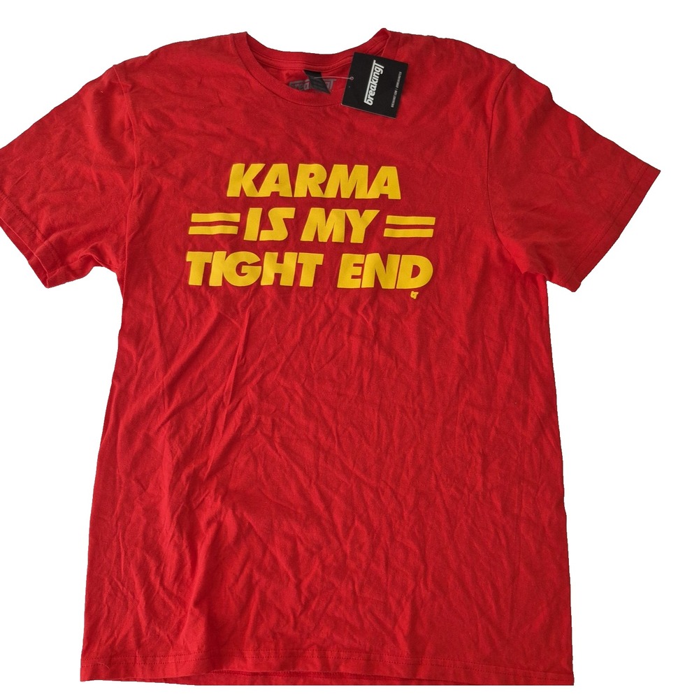BreakingT Karma Is My Tight End Shirt‎ Mens Medium Red Travis Kelce Football Tee
